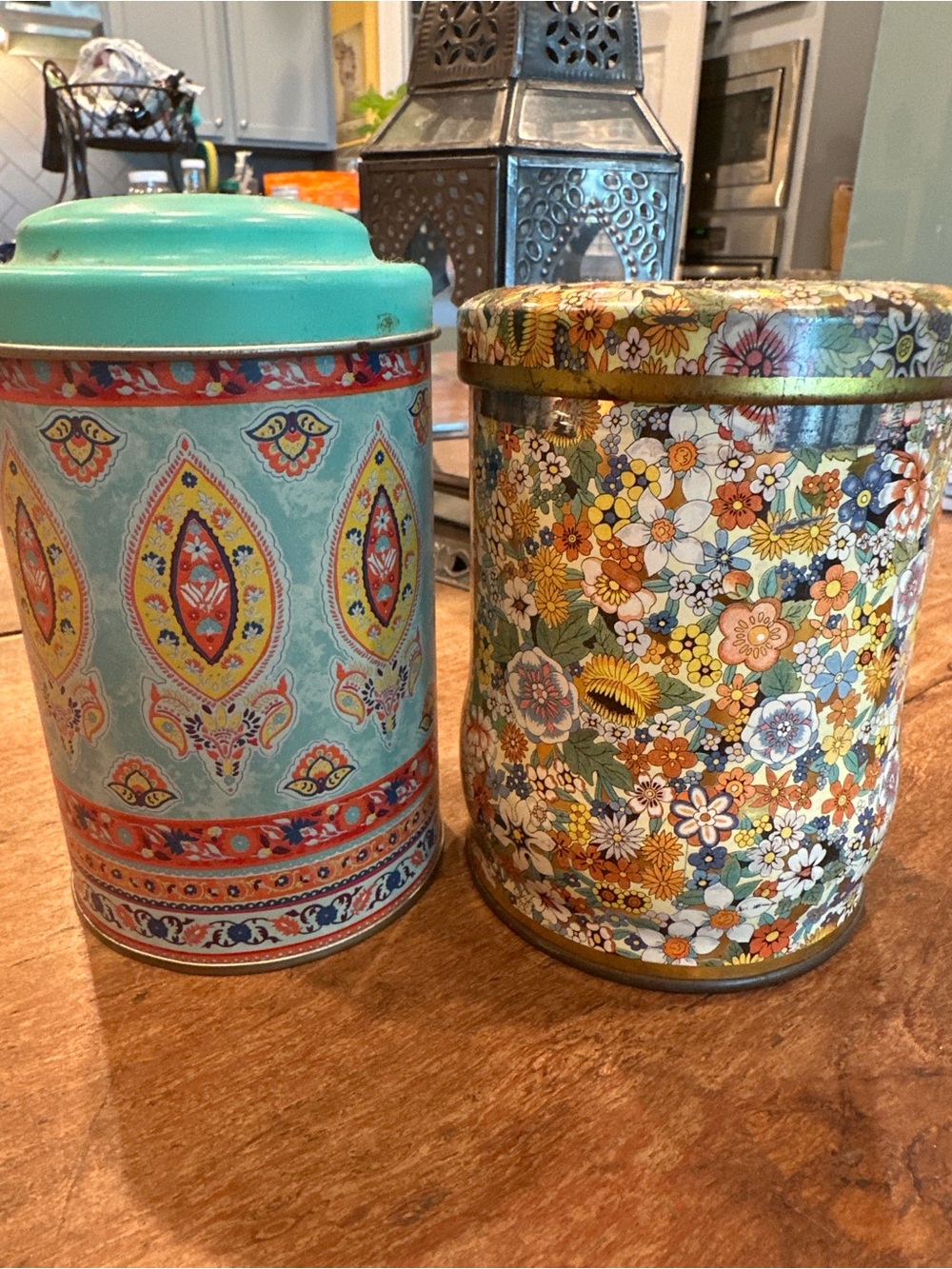Decorative Floral and Paisley Tin Canister Set - Turquoise and floral Vintage